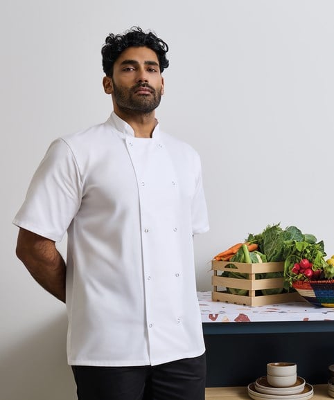 Studded front short sleeve chef's jacket