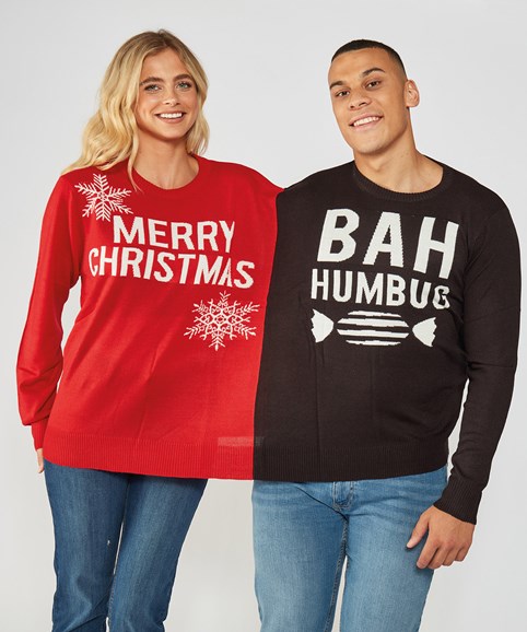 Weichnachtspullover "Merry Christmas/Bah Humbug" für Zwei